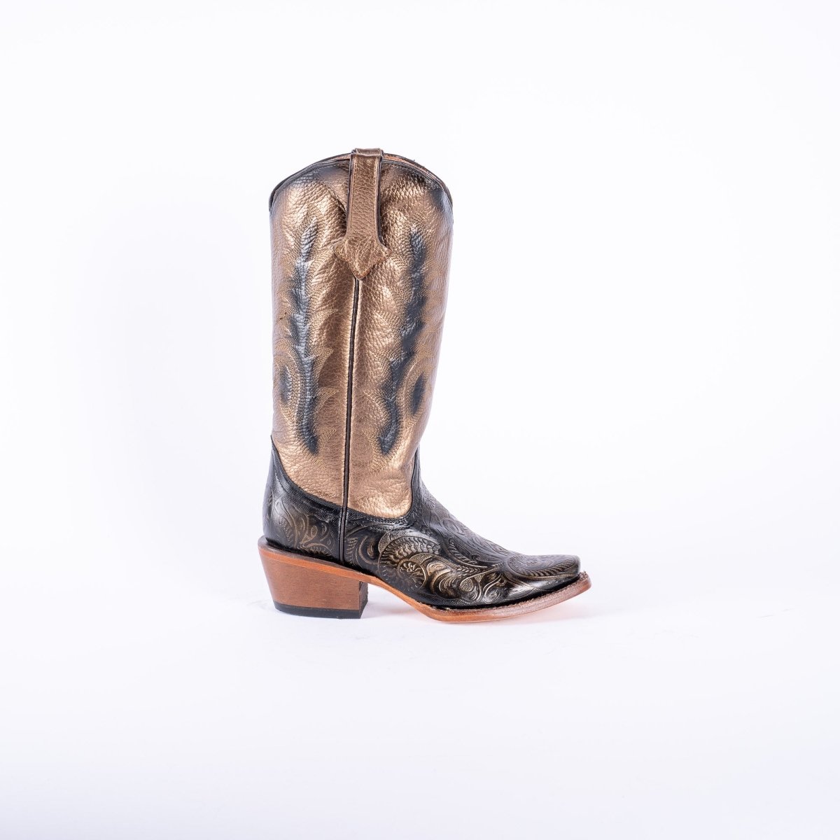 TANNER MARK WOMEN’S Handtooled Print Gold Cowgirl Boots With Burnished Gold Top - Rancho Sementalvariable